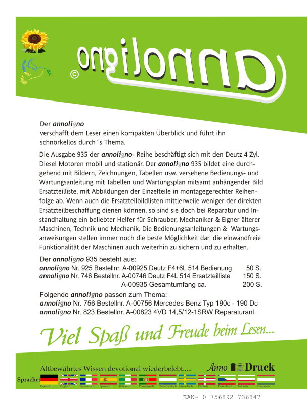 Deutz Diesel Motor Typ F4L 514/A4L 514 Bedienungsanleitung & Wartungsanleitung & Wartungsplan & Bild- Ersatzteilliste & Explosionszeichnungen - annoligno 935